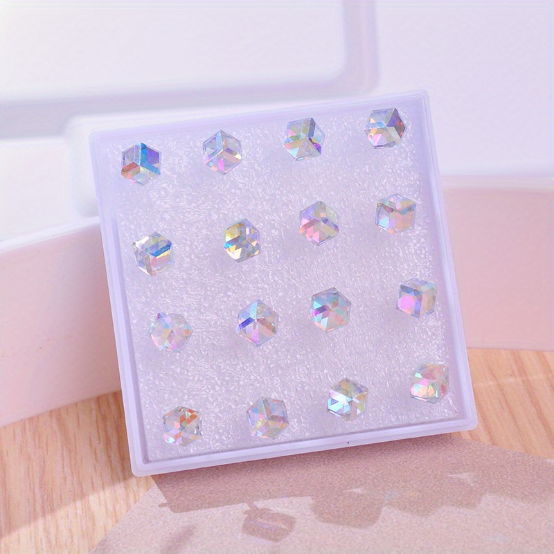 16pcs Crystal Stud Earrings Set, Plastic Post, Sensitive Ears
